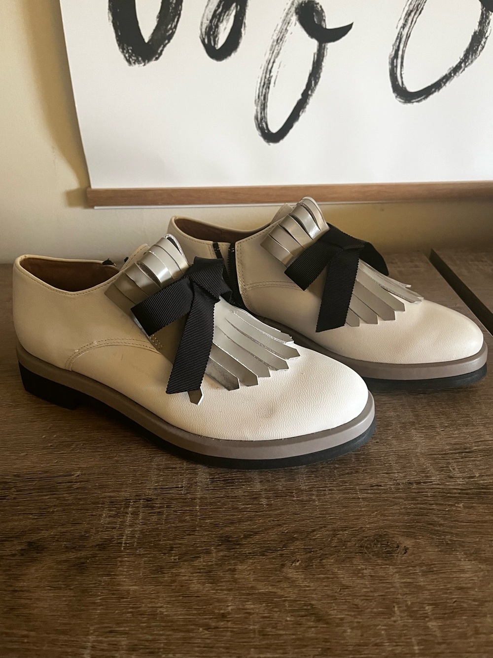 NWT “All Black” Cream Fringe Loafers w. Black Ribbon/Anthropologie $198/READ